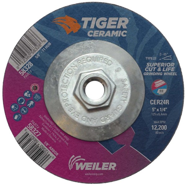 Weiler 5 in Dia, 1/4 in Thick, 5/8"-11 UNC Arbor Hole Size, Ceramic 58328